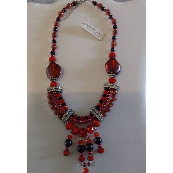 Gorgeous Genuine Red Carnelian & Black Onyx Rhinestone Accent Drop Necklace - Picture 3 of 3